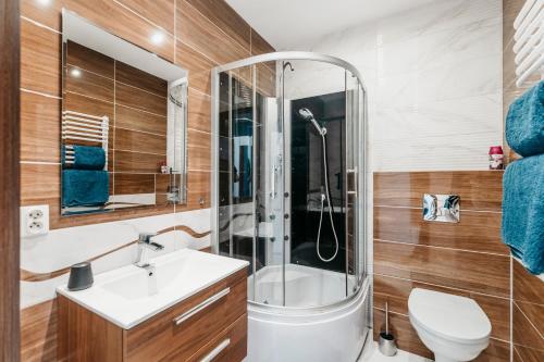 a bathroom with a shower and a toilet and a sink at Nocosfera Apartament Stawiszyński in Kalisz
