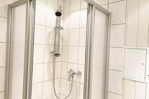 a shower in a bathroom with a glass door at Work & Stay Apartment in Bitterfeld