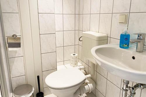 a white bathroom with a toilet and a sink at Perfekt für Monteure & Geschäftsreisende in Bitterfeld, Nähe Chemiepark & Industriegebiet in Bitterfeld