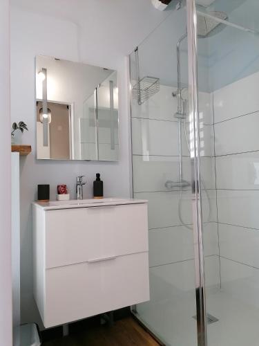 a white bathroom with a sink and a shower at Le Langka in Saint-Louis