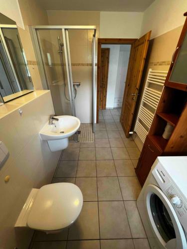 ein Badezimmer mit einem WC, einem Waschbecken und einer Waschmaschine in der Unterkunft Chico in Graal-Müritz