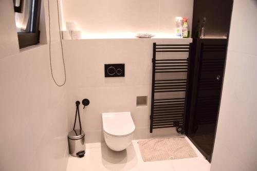 a small bathroom with a toilet and a shower at White and Black Aegina in Áyioi Asómatoi
