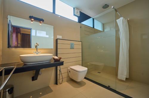 a bathroom with a sink and a toilet and a mirror at Thekkady Gavi Suites in Vandiperiyār