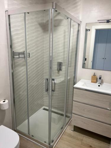 La salle de bains est pourvue d'une douche en verre et d'un lavabo. dans l'établissement PUERTO BANUS Apartamento PICASSO, à Marbella