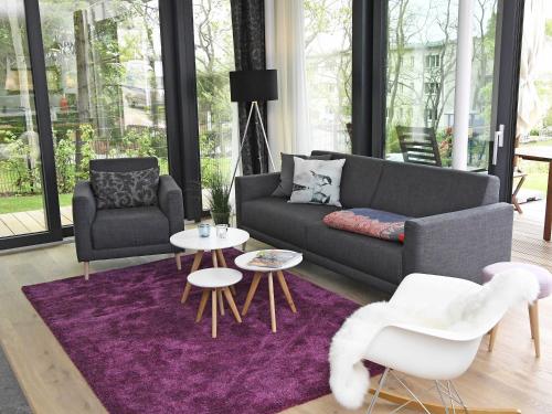sala de estar con sofá y alfombra morada en Haus Windsbraut - FeWo 01, en Ostseebad Sellin