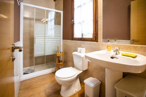 a bathroom with a toilet and a sink and a shower at La Huerta, megustarural in Llanes
