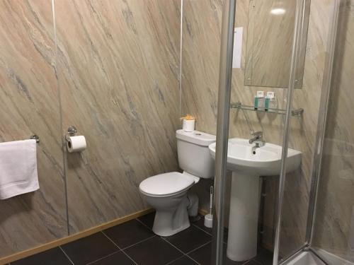 La salle de bains est pourvue de toilettes, d'un lavabo et d'une douche. dans l'établissement Lord Nelson Hotel, à Liverpool