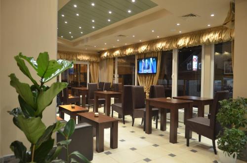 a restaurant with wooden tables and chairs and a tv at Garni Hotel Lion in Jagodina