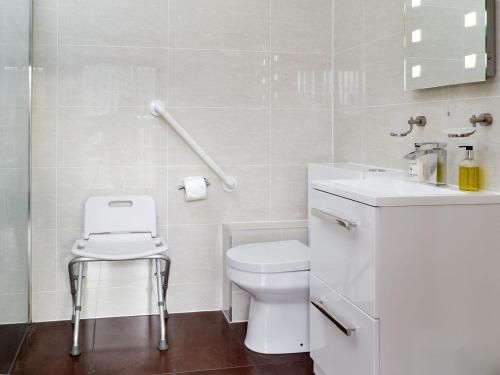 a white bathroom with a toilet and a sink at Little Hendre Lodge - Uk10262 in Penrhôs