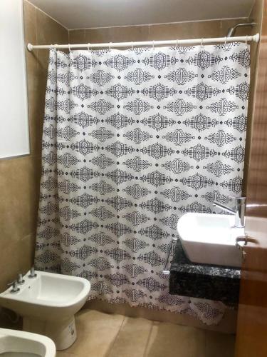 uma casa de banho com uma cortina de chuveiro e um lavatório em Los Cardos Suites em Neuquén