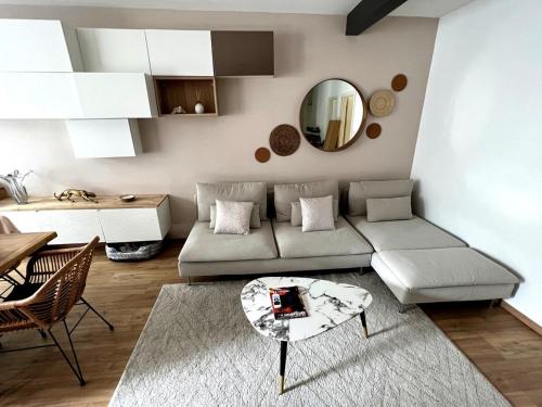 uma sala de estar com um sofá e um espelho em Belle chambre cosy, proche centre-ville et gare em Colmar