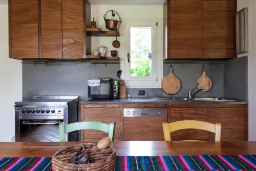 a kitchen with wooden cabinets and a table with chairs at Agriturismo Terre Bianche in Teolo