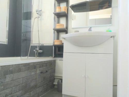 La salle de bains blanche est pourvue d'un lavabo et d'une douche. dans l'établissement Le Tigre - Appartement centre-ville au calme, parking privé, à Bourges