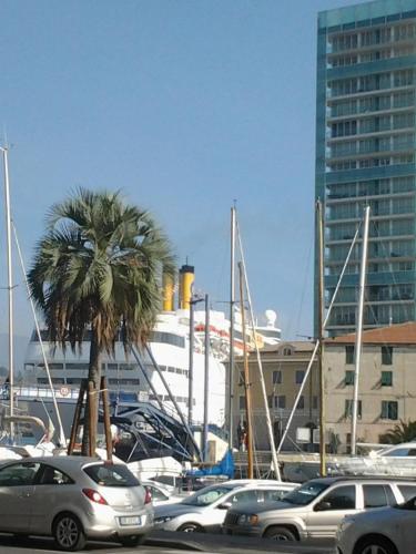 a group of cars parked in a marina with a palm tree at Appartamento Piazzetta La Maddalena in Savona