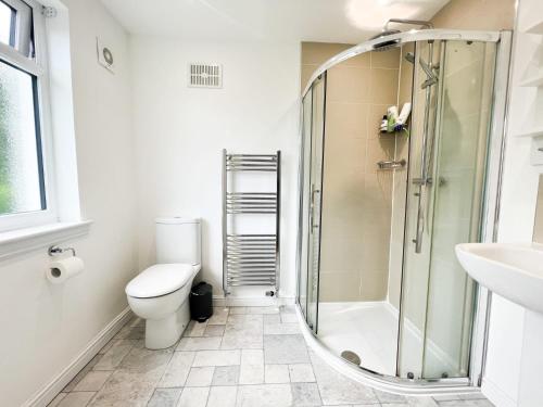 a bathroom with a shower and a toilet and a sink at Home away from home Milngavie in Milngavie