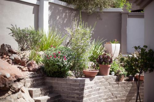 a garden with potted plants on a brick wall at Three Stones Executive Apartments in Maseru