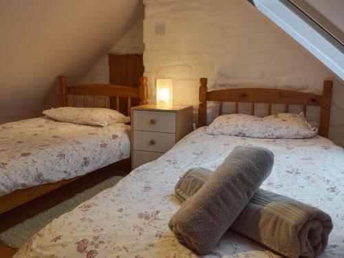 a bedroom with two beds and a lamp on a table at Beats Cottage in Llangwm