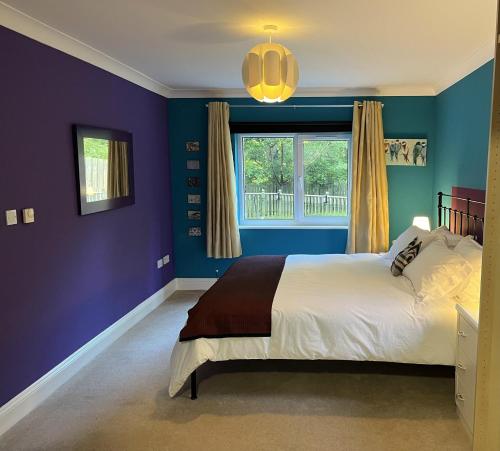 a blue bedroom with a bed and a window at Beautiful 2 Bed Apt with Hot Tub in Blaydon Burn in Blaydon
