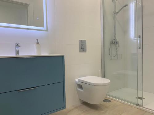 La salle de bains est pourvue de toilettes et d'une douche en verre. dans l'établissement MonKeys Apartments Pagés del Corro Triana, à Séville