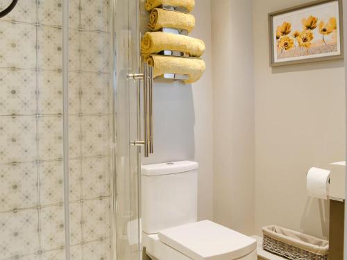 a bathroom with a shower with a toilet and towels at Broats Barn in Ingleton