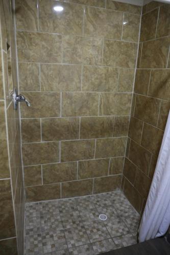 a shower with a glass door with a tiled shower at Budget Inn in Alamogordo