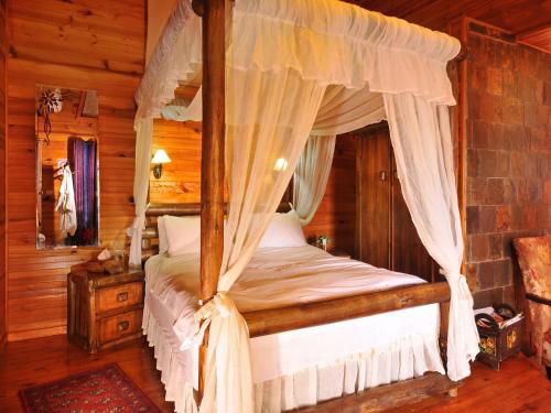 a bedroom with a canopy bed in a cabin at Rosh Pinat Noy in Rosh Pinna