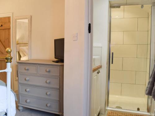 a bedroom with a dresser with a television and a shower at Clickers Cottage in Woodford