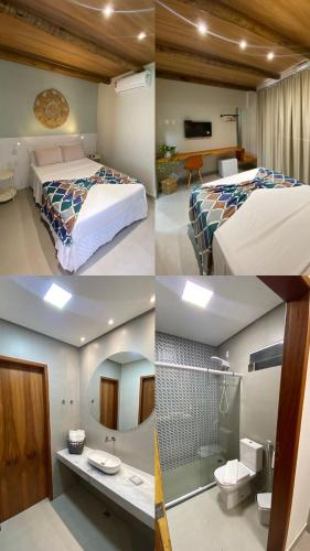 three different views of a hotel room with two beds at Pousada Corais dos Milagres in São Miguel dos Milagres