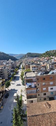 an aerial view of a city with buildings and a street at Luis Penthouse in Berat