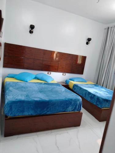 a bedroom with two beds with blue pillows at Jamaica Guest House in Aswan