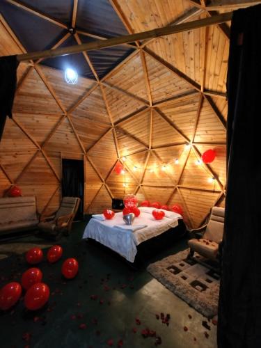 a room with a bed and red balloons on the floor at Glamping Tausavita Ubaté Cundinamarca in El Bujío
