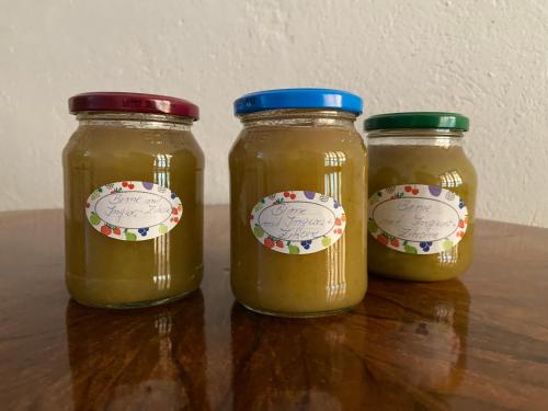 three jars of honey sitting on top of a table at Birnbom Warnemünde in Warnemünde