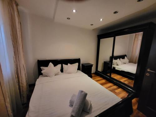 1 dormitorio con cama y espejo grande en Baba Novac Apartment, en Bucarest