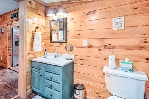 a bathroom with a toilet and a sink and a mirror at Charming Jamestown Cabin with Large Backyard! in Jamestown
