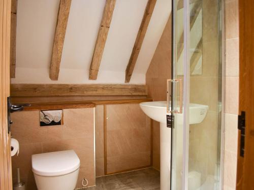 a small bathroom with a toilet and a sink at Ivy Todd Barn in Ashdon