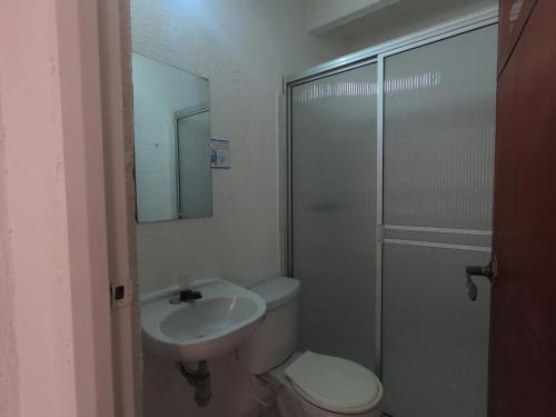 a bathroom with a toilet and a sink and a shower at Hotel Ibiza in Armenia