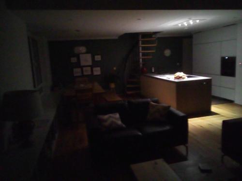 a dark living room with a couch and a table at Spacious Contemporary Chalet type Apartment. in Galway