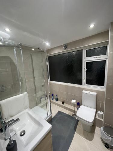 a bathroom with a toilet and a sink and a window at Tilbury Docks Rooms for Short letting in Tilbury