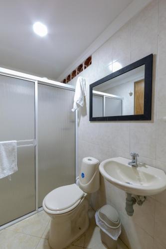 a bathroom with a toilet and a sink and a mirror at Apartamentos Primavera in Jardin