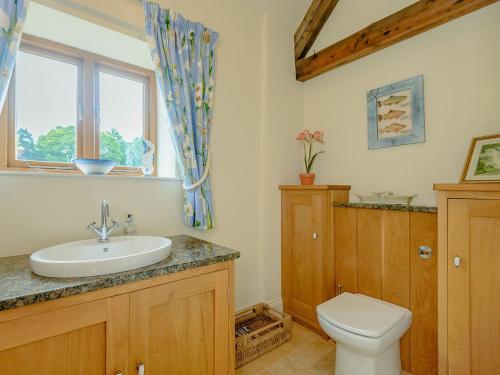 a bathroom with a sink and a toilet and a window at Courtyard Lodge in Edwinstowe