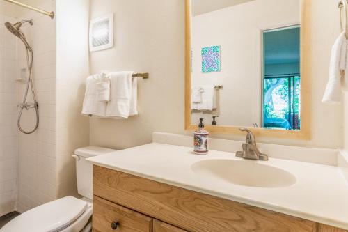 a bathroom with a sink and a toilet and a mirror at Hale Honu in Waikoloa Village