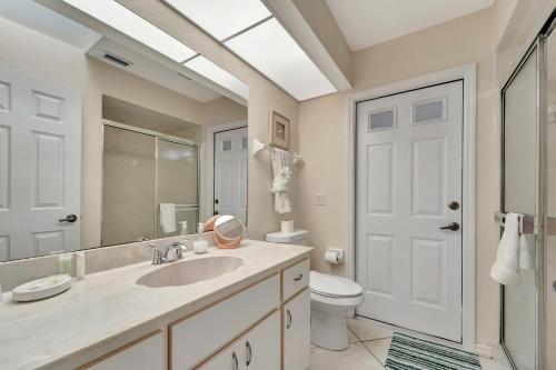 a bathroom with a sink and a toilet and a mirror at Tropical Oasis in Port Charlotte