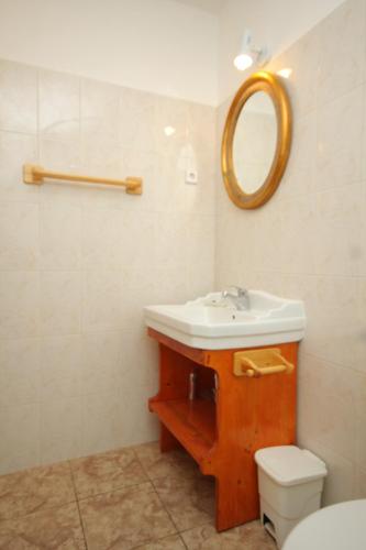 a bathroom with a sink and a toilet and a mirror at Apartment Karkavac - Scedro 8801d in Jelsa
