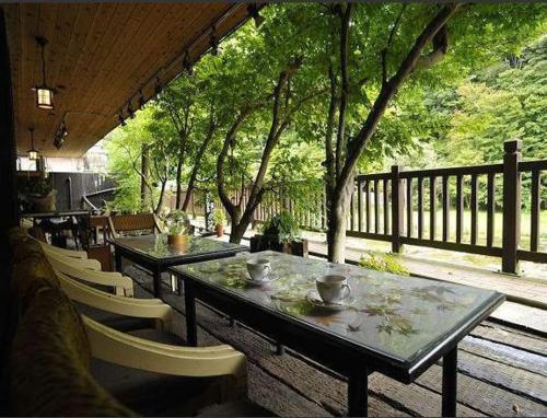 那須鹽原的住宿－Shiobara Onsen Ryokan Kamiaizuya，庭院里一组桌椅