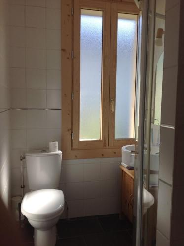 une salle de bain avec toilettes, lavabo et fenêtre dans l'établissement La Brise, à Chamonix-Mont-Blanc