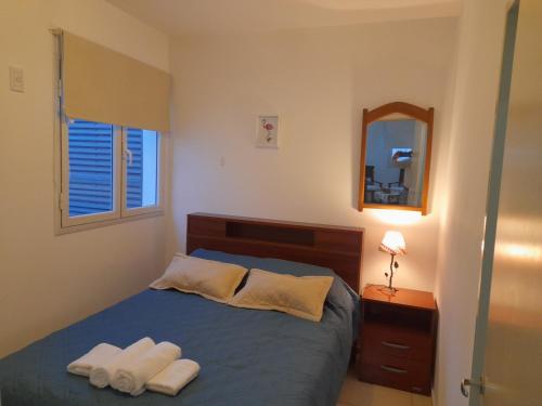 a bedroom with a blue bed and a mirror at Caseros Centro in San Juan