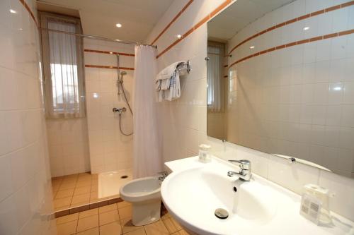 a bathroom with a sink and a toilet and a mirror at Hôtel Florida in Lourdes