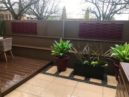a patio with potted plants and a fence at Adelaide Dress Circle Apartments - Archer Street in Adelaide