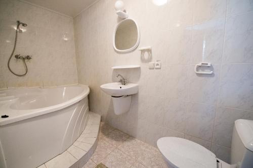 a bathroom with a toilet and a sink and a bath tub at Predslava Hotel in Kyiv