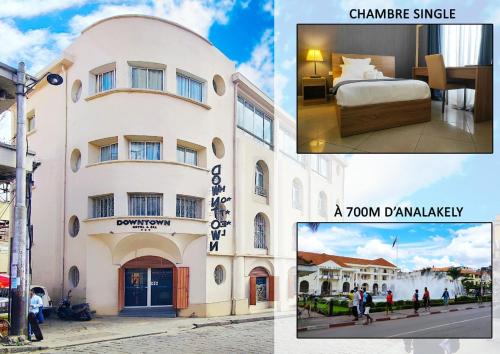 two pictures of a hotel and a town pharmacy at Downtown Hotel in Antananarivo